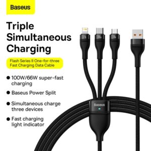 Baseus One For Three Fast Charging Data Cable - USB to micro+Type-C & lightning - 100wt