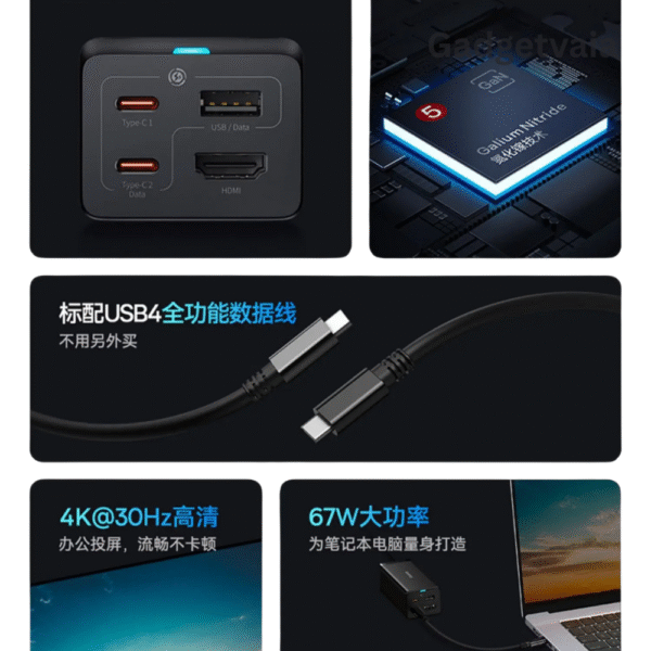Baseus GaN5 Pro 67W Desktop Charger with HDMI & USB4 Dock – 4-in-1 Hub